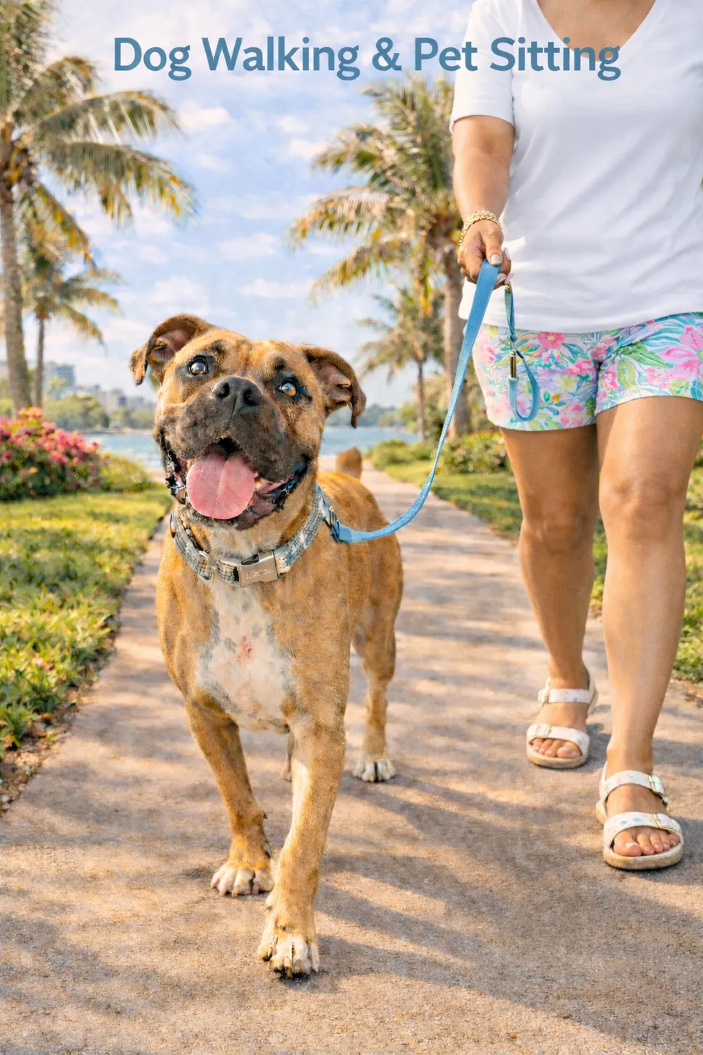 Karen walking a happy boxer on a palm tree-lined path in Waterset, Florida